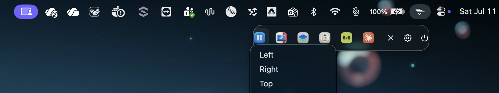 The Overflow panel open below the real macOS menu bar, showing a hidden app's real menu — Magnet's Left, Right, and Top options — mirrored directly beneath the tile you clicked.